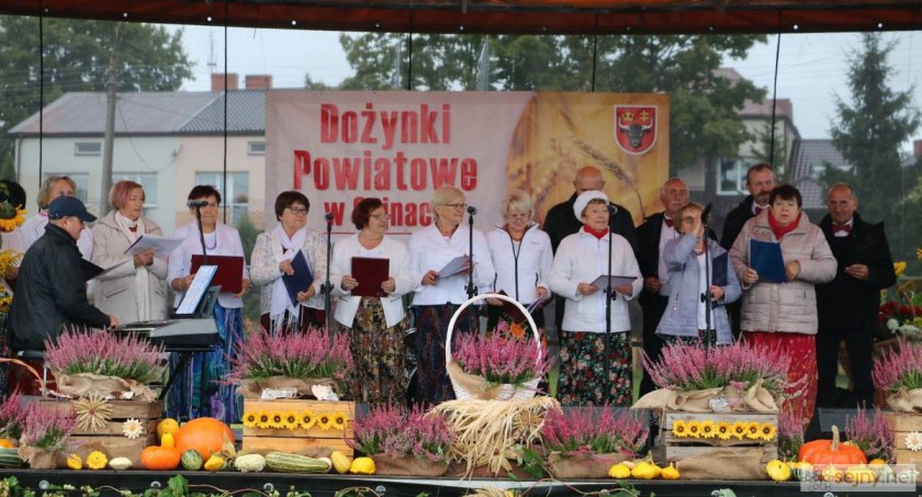 Zdjęcie zespołu i wieńców ustawionych na dożynkowej scenie